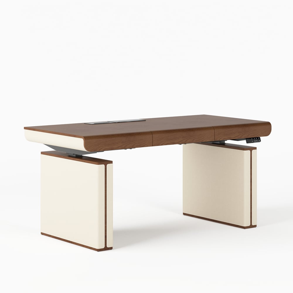 160 cm Height Adjustable Electric Standing Desk with Walnut Top and Leather-Wrapped Legs window image