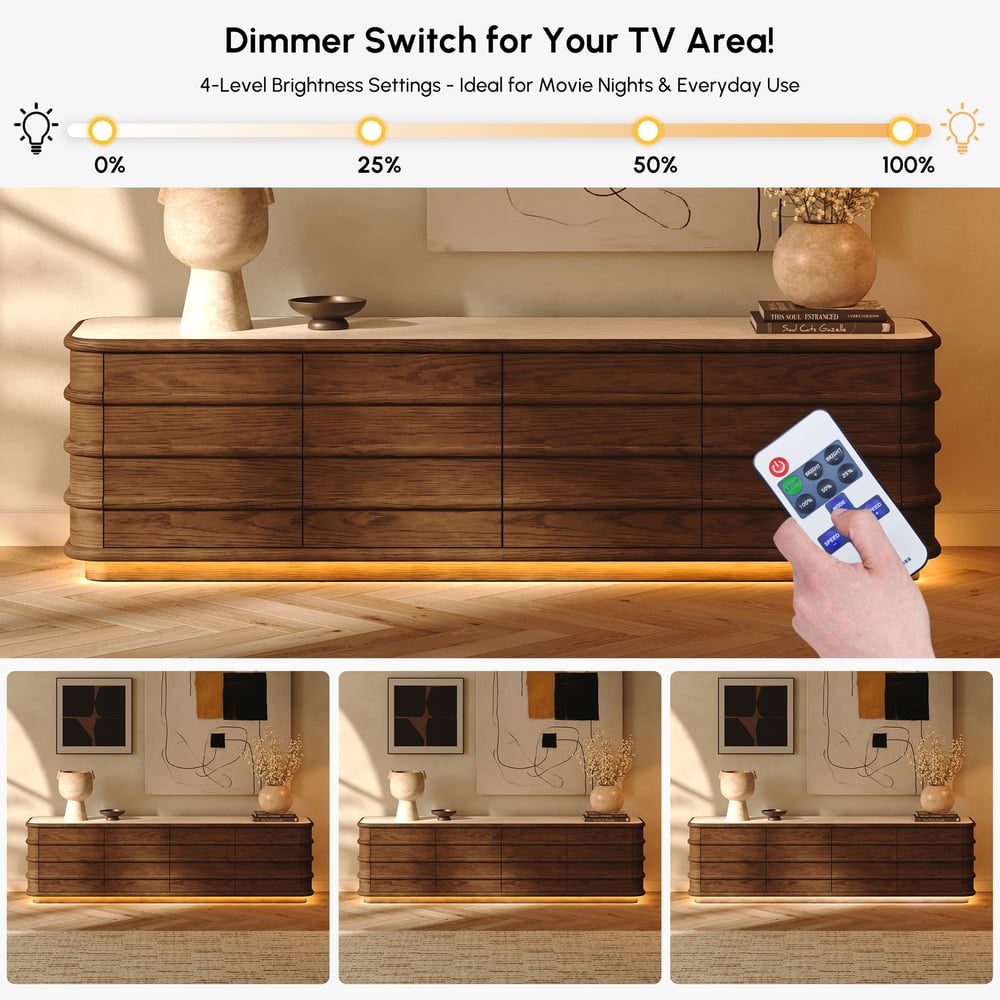 Meuble TV 80" en frêne et noyer avec plateau en pierre frittée, tiroirs et LED image de fenêtre