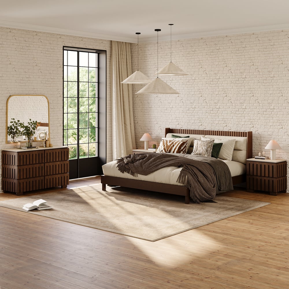 Commode moderne de 47 po en bois de frêne à 6 tiroirs avec dessus en pierre frittée imitation travertin image de fenêtre
