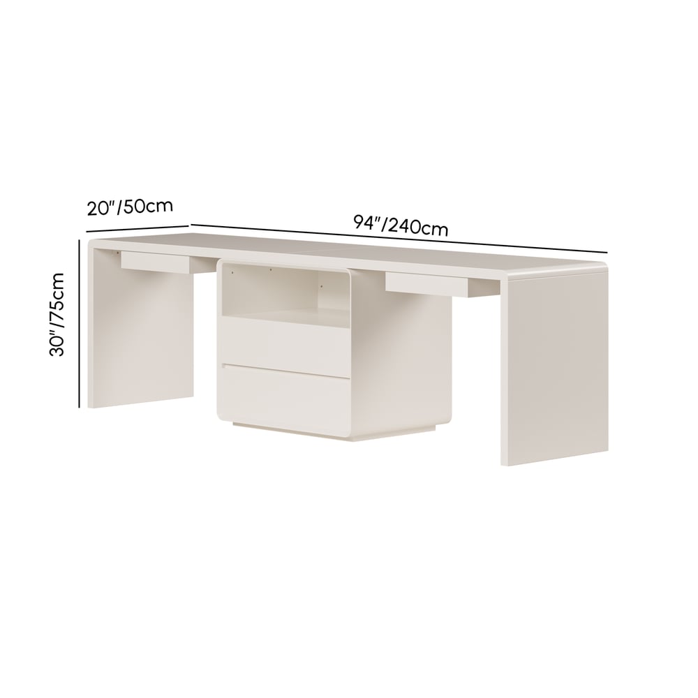 White Double Desk with Drawers & 2 Ivory PU Leather Modern Home Office Chairs weights dimensions image
