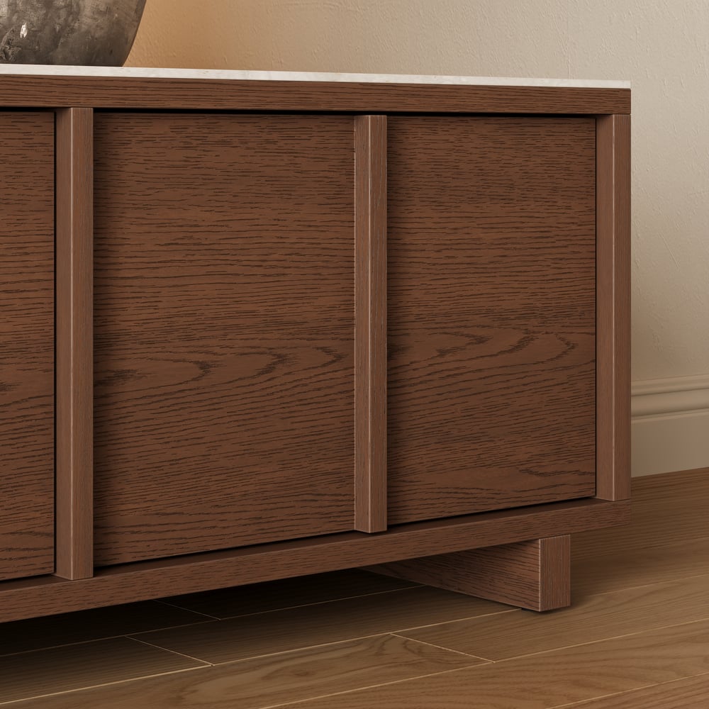 71"-108" Extendable Walnut TV Stand with Sintered Stone Top & Cabinets window image