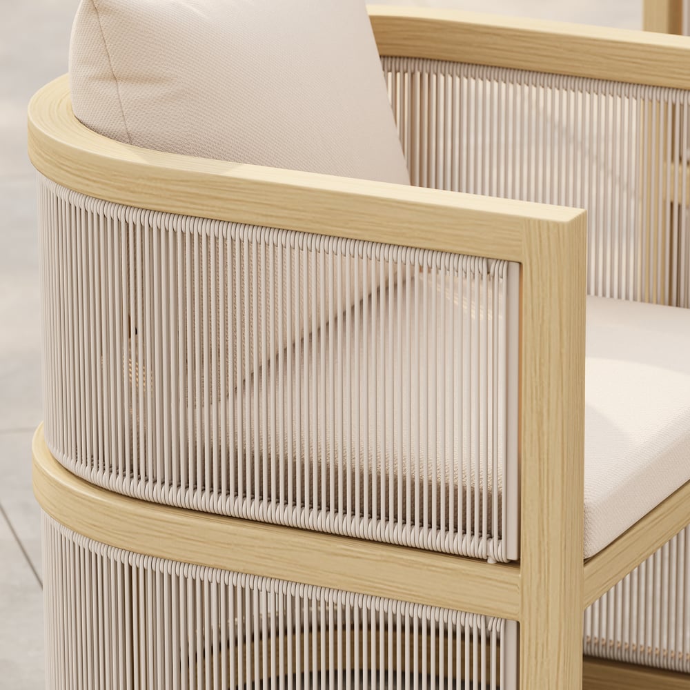 Set da pranzo da esterno Wevara a 7 pezzi con intreccio in corda e 6 sedie in colore naturale Immagine della finestra