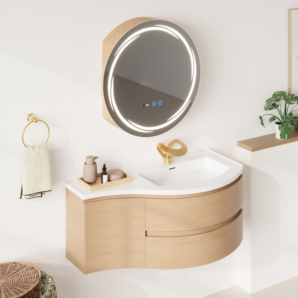 Floating Curved Bathroom Vanity & LED Medicine Cabinet Set window image