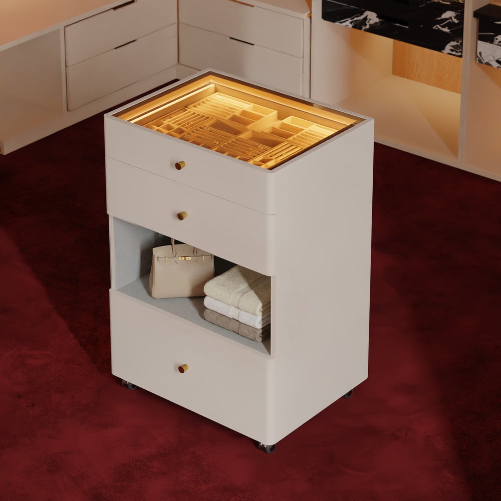 Îlot de dressing pour bijoux avec plateau en verre et éclairage image de fenêtre