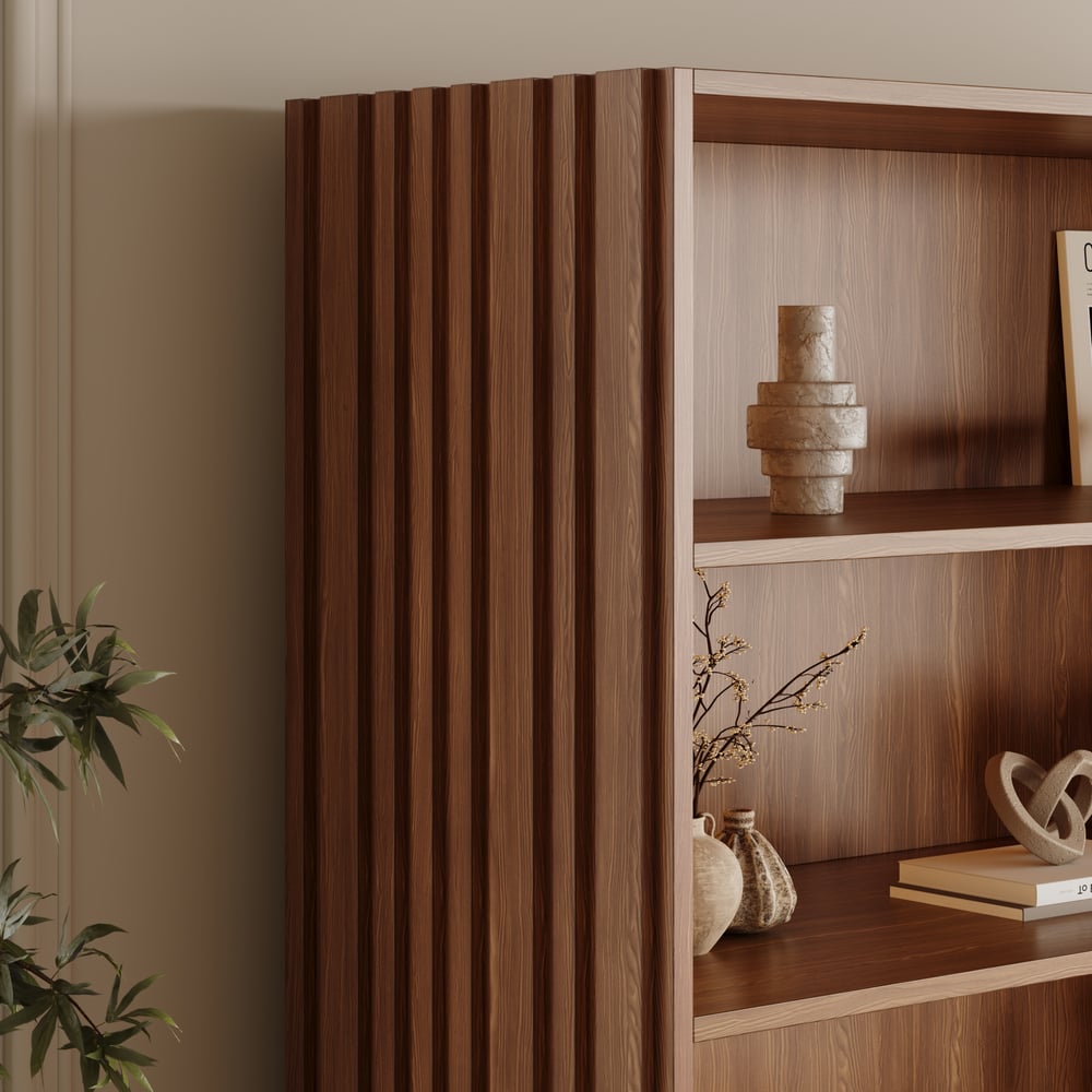 Aura 47” Ash Wood Fluted Walnut Bookcase With Sintered Stone Top window image