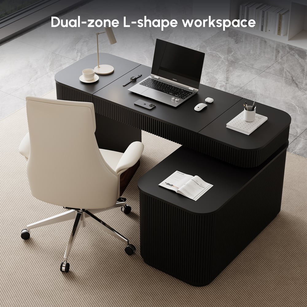Velign 65" L-Shape Black Executive Desk with Right-Side Cabinet window image