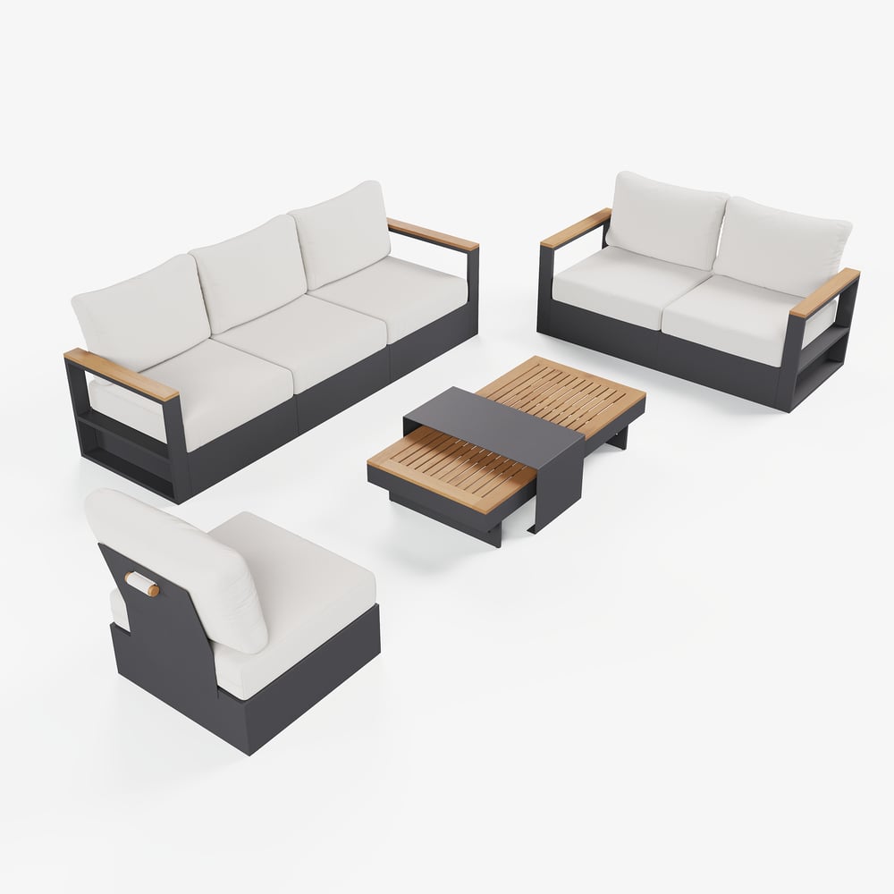 Tevara 6-Person Outdoor Sofa Set with Wood & Aluminum Frame, Dark Gray & Warm White window image