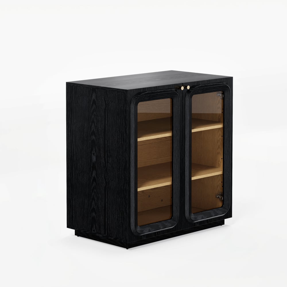 31" Ash Wood Veneer TV Stand with Glass Doors, Chest Cabinet and LED window image