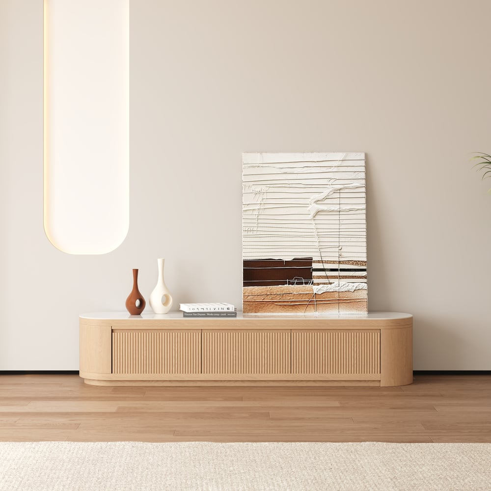 Velar 71"-114" Extendable Fluted TV Stand with Sintered Stone Top & 3 Drawers window image