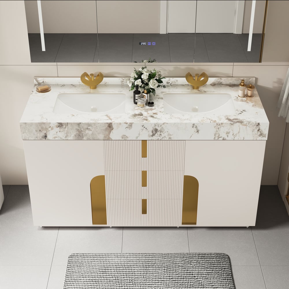 Tocador de baño doble flotante Artis de 60 pulgadas con lavabo, encimera de piedra sinterizada, amplio almacenamiento Imagen de ventana