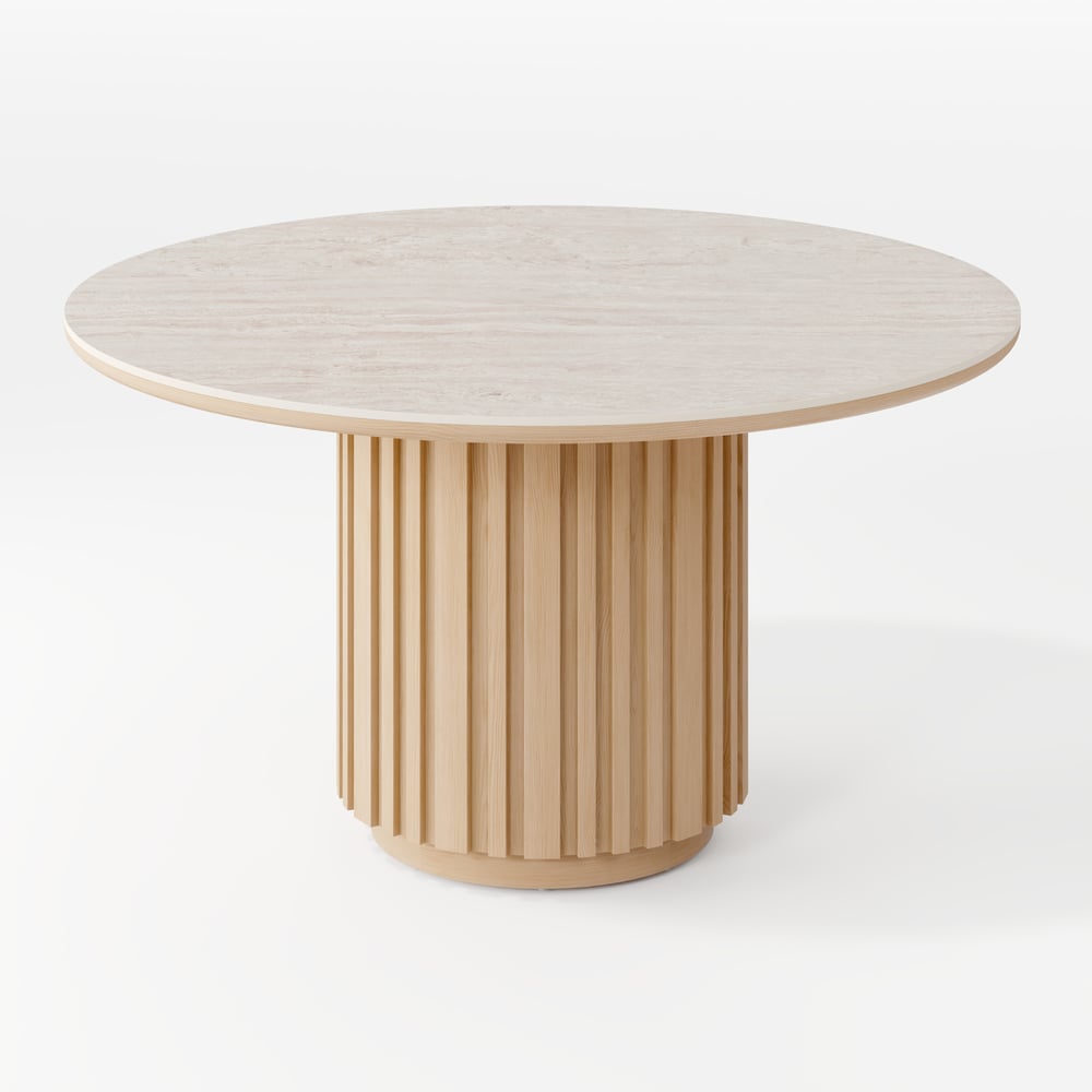 Aura 47" Round Natural Faux Travertine Sintered Stone Dining Table, Fluted Base, Seats 4 window image