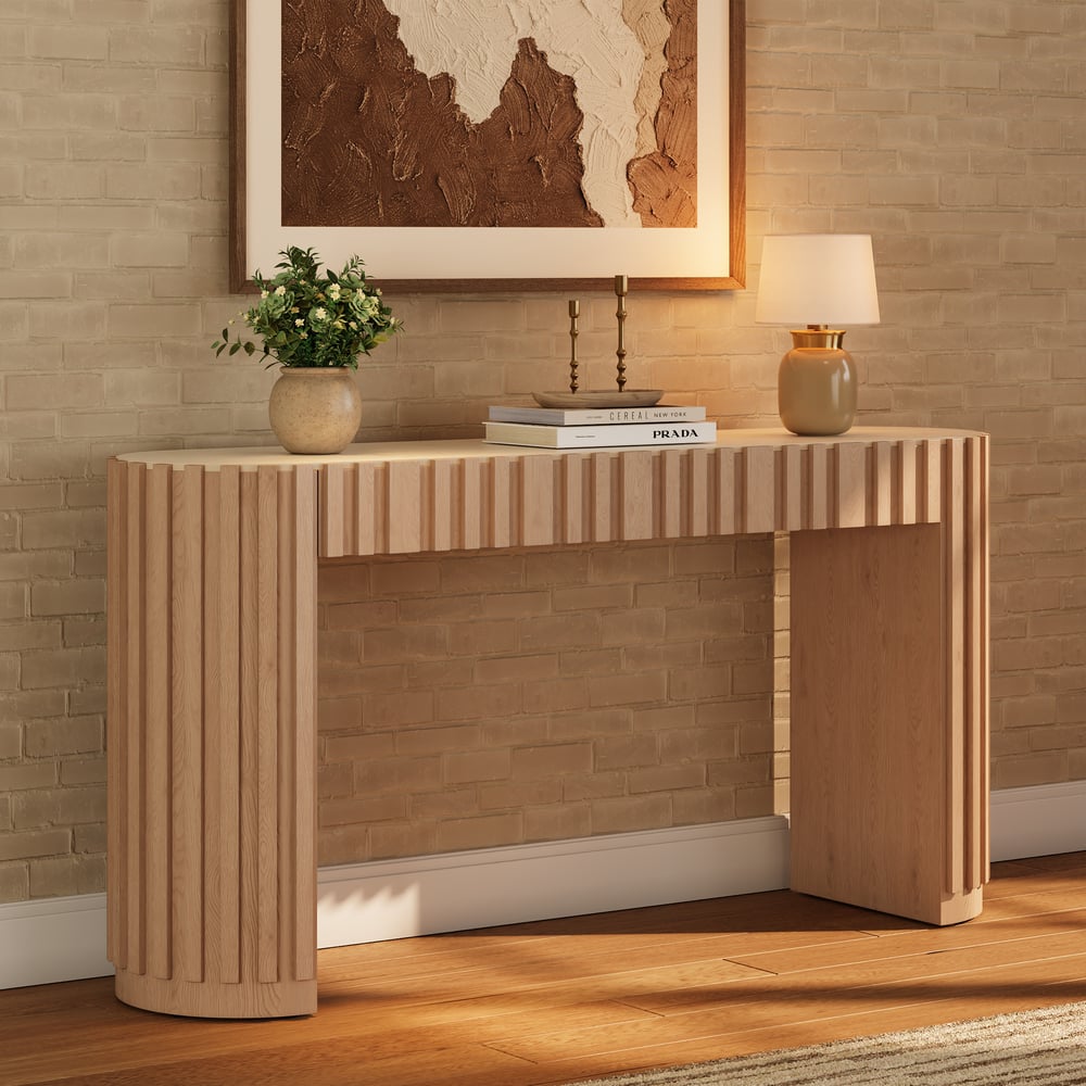 Aura 60" Ash Wood Fluted Natural Console Table With Sintered Stone Top window image