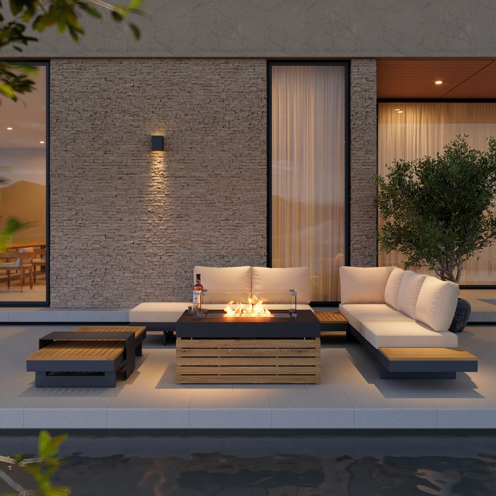 Tevara 5-Pieces Modular Teak Outdoor Sofa Set with Smokeless Fire Pit for 6 in Beige window image