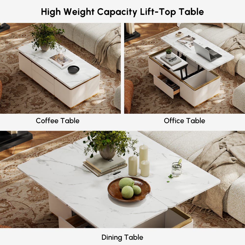 48" Ivory Saddle Leather Lift-Top Coffee Table with 2 Drawers window image