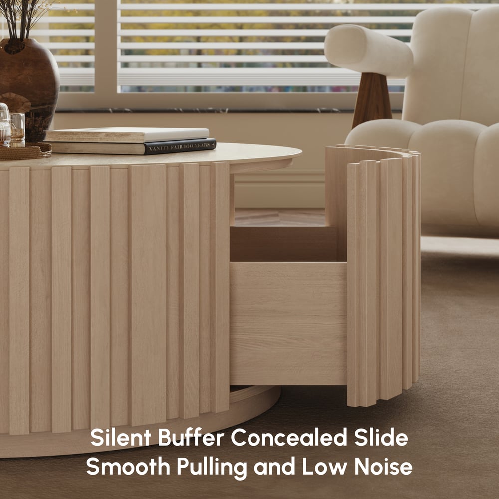 Aura 35" Round Washed White Slatted Sintered Stone Coffee Table with 2 Drawers window image