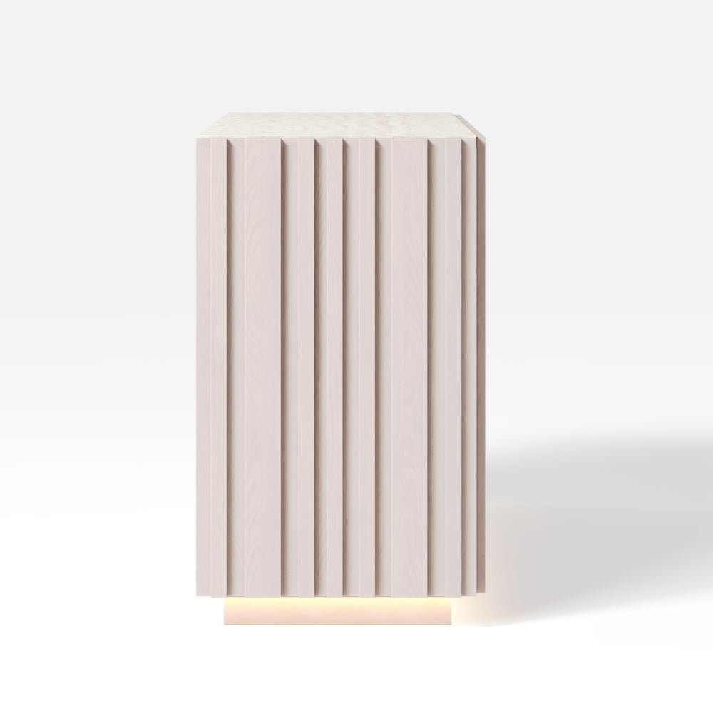 Buffet Aura 152,4 cm (60") avec plateau imitation travertin blanchi, panneaux à lattes en bois de frêne et éclairage image de fenêtre