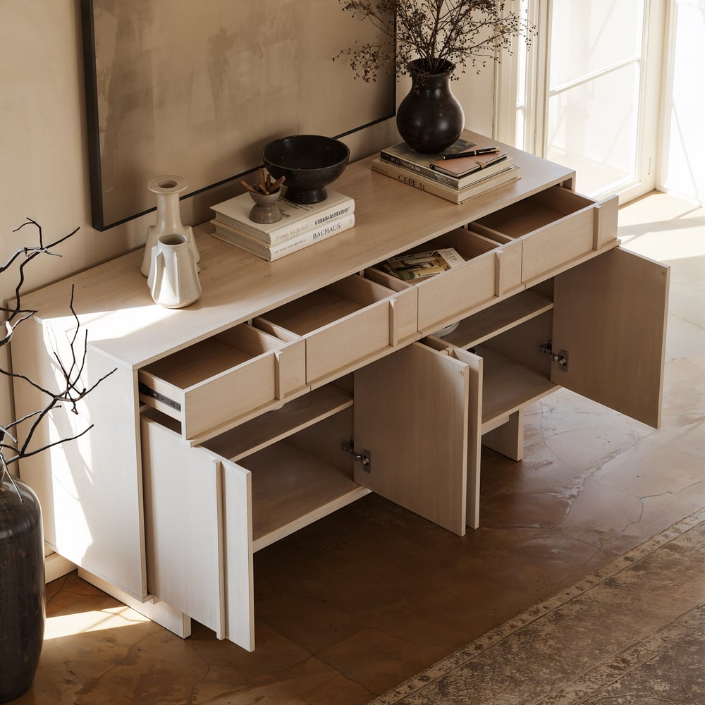 Mid Century Modern 60" Whitewash Wood Sideboard with Storage & Adjustable Shelves window image