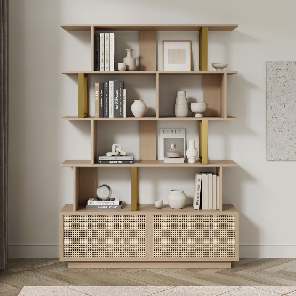 5-Tier Whitewash Bookshelf with 2 Drawers Wooden Bookcase in Gold (64.8" High) window image