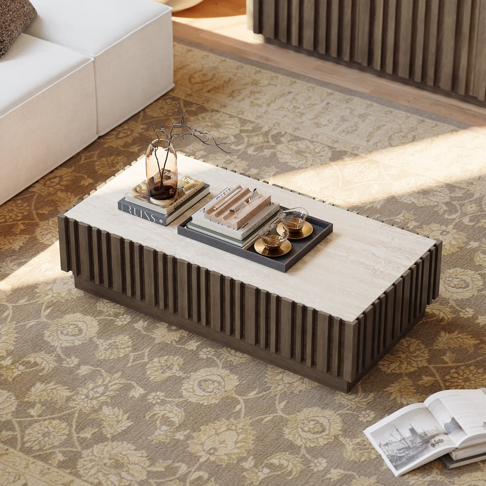 Aura 47" Ash Wood Slatted Coffee Table with Sintered Stone Top window image