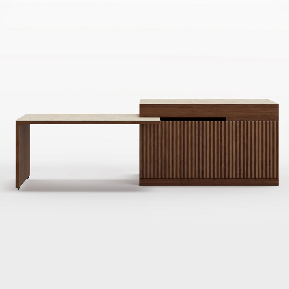 Îlot central de cuisine moderne extensible 205-284 cm avec plateau en pierre frittée mate finition noyer et rangement image de fenêtre