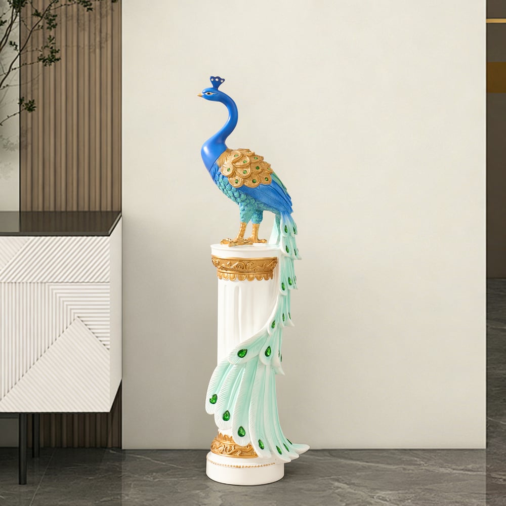Estátua de Pavão de Resina de Luxo de 27" com Acentos de Cristal – Escultura Elegante para Decoração de Casa Imagem da janela