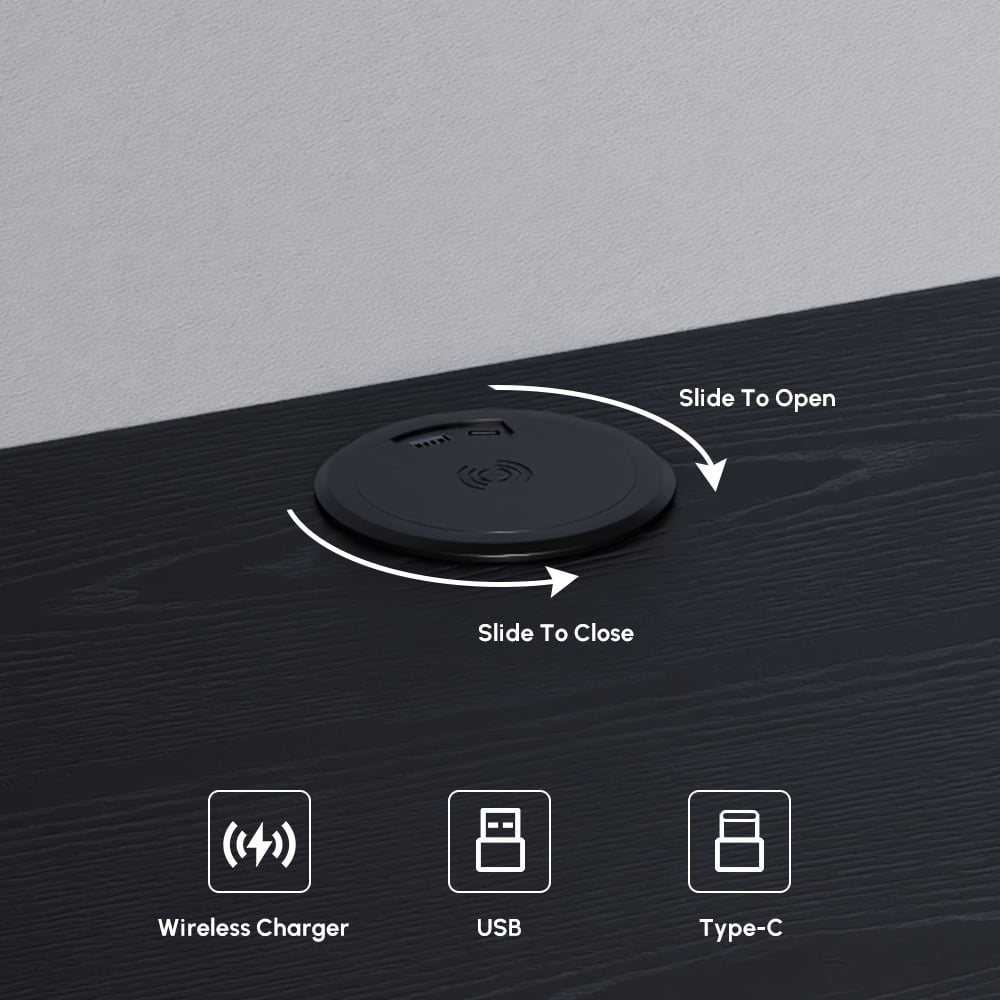 King Solid Wood Bed with Leather Extended Headboard & Floating Smart Nightstand Set window image