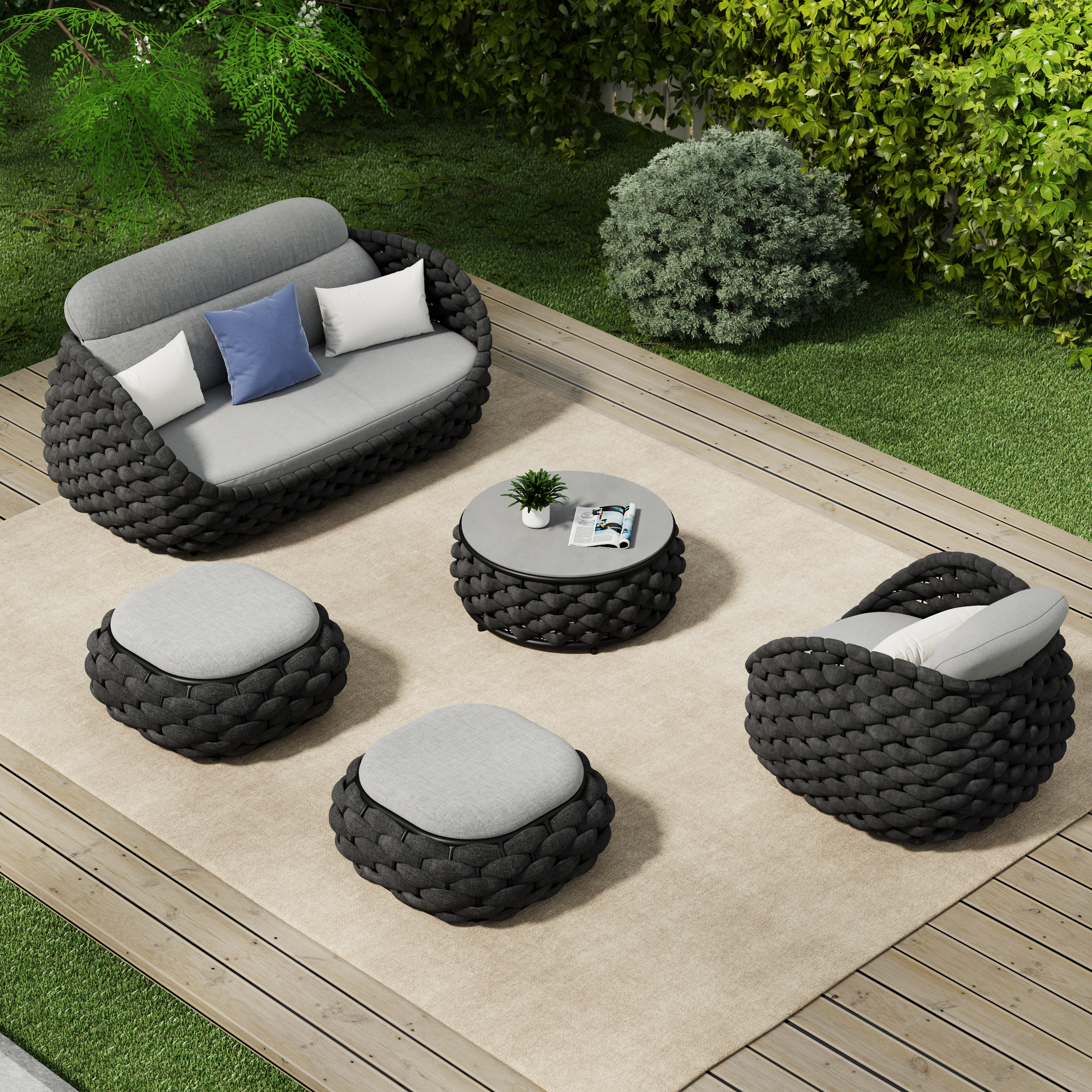 Cocaro Outdoor Hand-Woven Rope Footrest Storage Ottoman in Dark Grey window image