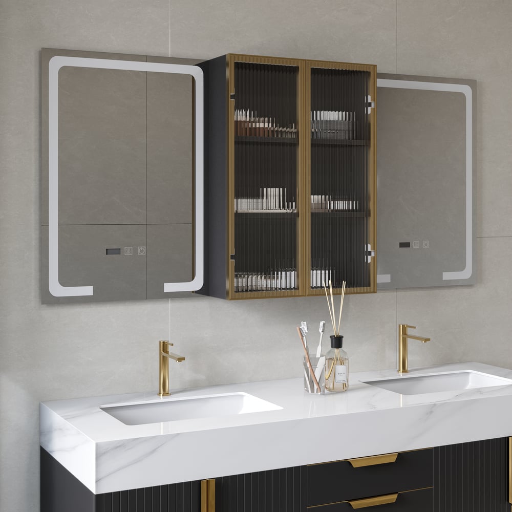Mobile a specchio LED nero da 150 cm con vano centrale, dimmerabile a 3 colori e antiappannamento Immagine della finestra
