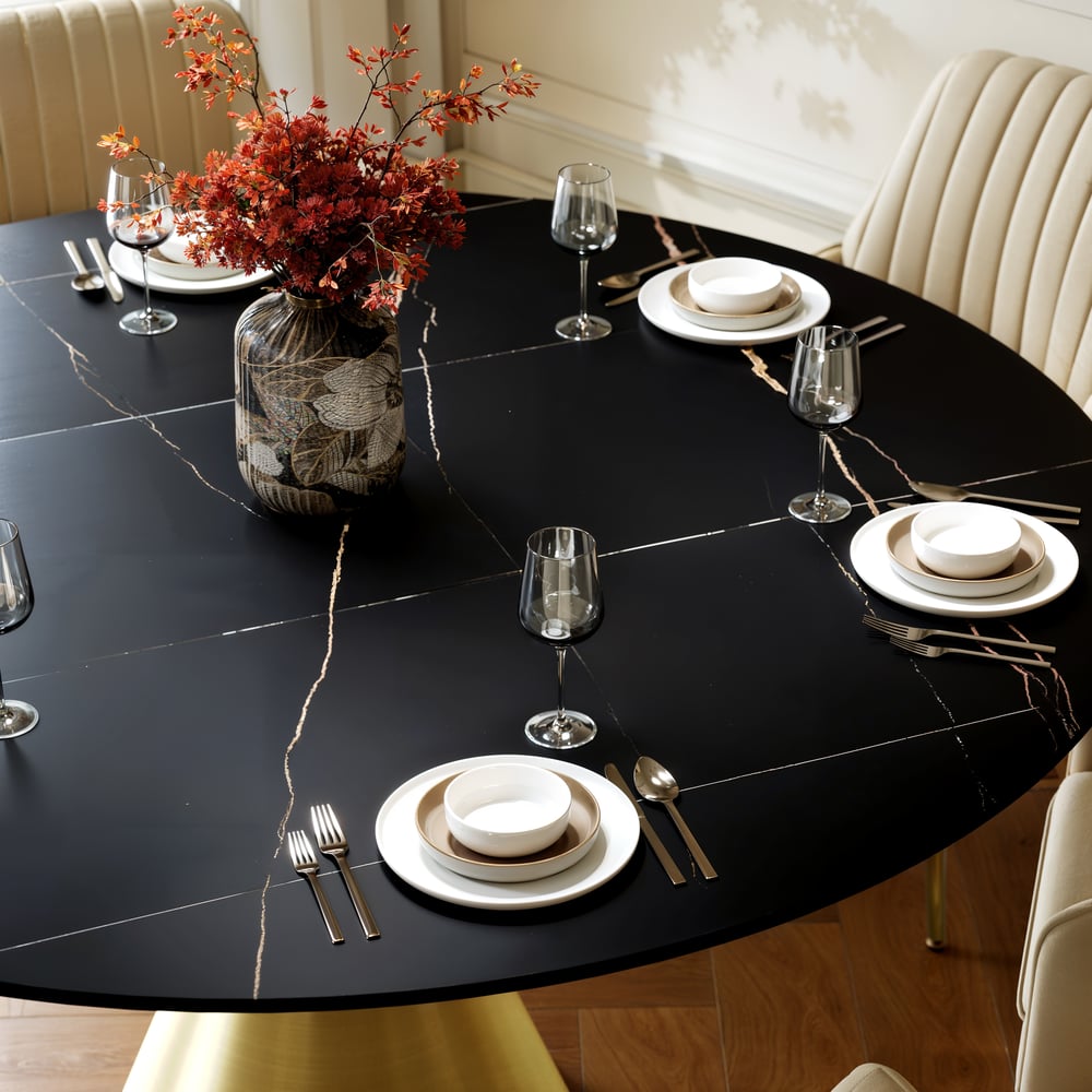 152cm Round Matte Sintered Stone Dining Table with Gold Metal Pedestal Base, Seats 6 window image