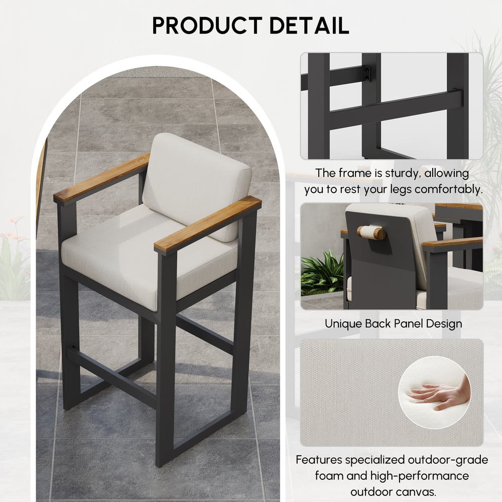 Tevara Teakhouten Moderne Outdoor Bar Set Donkergrijs Frame & Warm Wit Kussen Vensterafbeelding