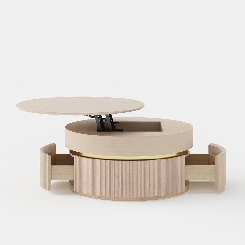 Table basse ronde à plateau relevable cannelé de 32 pouces avec 2 tiroirs image de fenêtre
