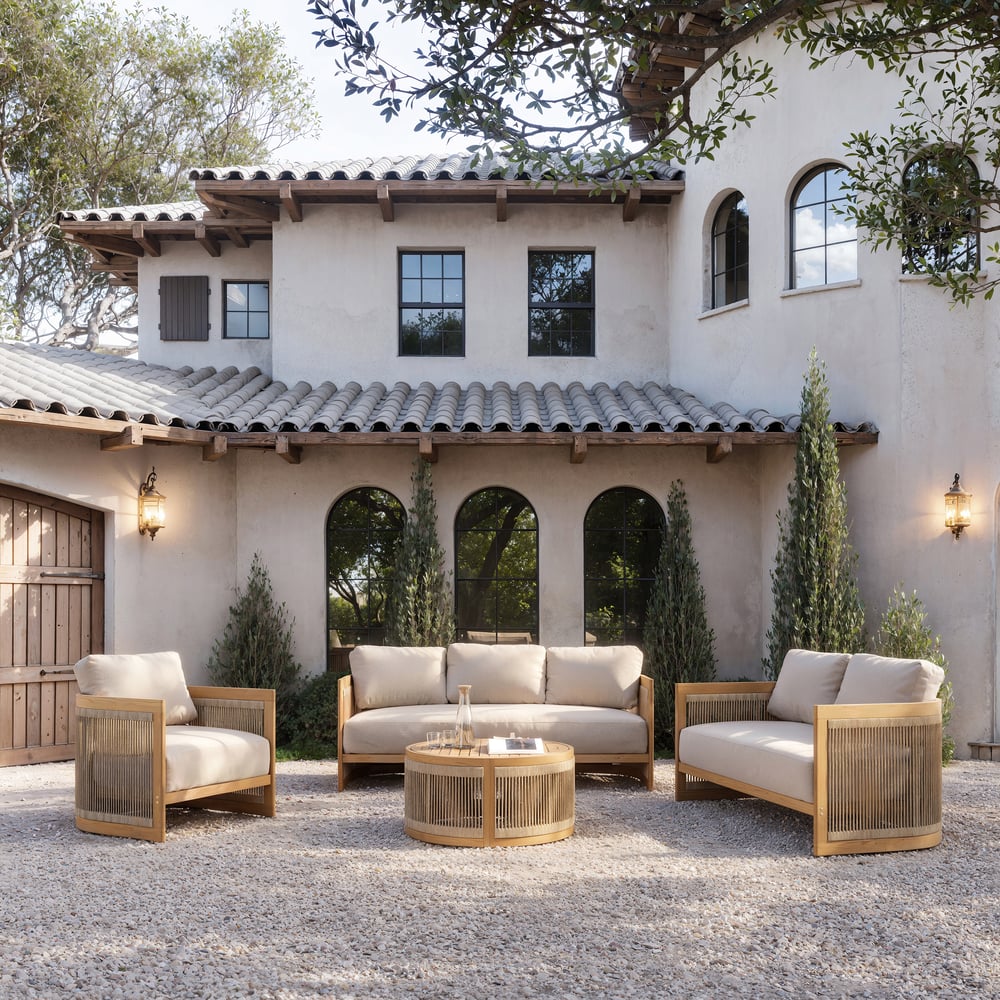 4-Piece Outdoor Teak & Rope Weave Sofa Set with Coffee Table for 6 window image