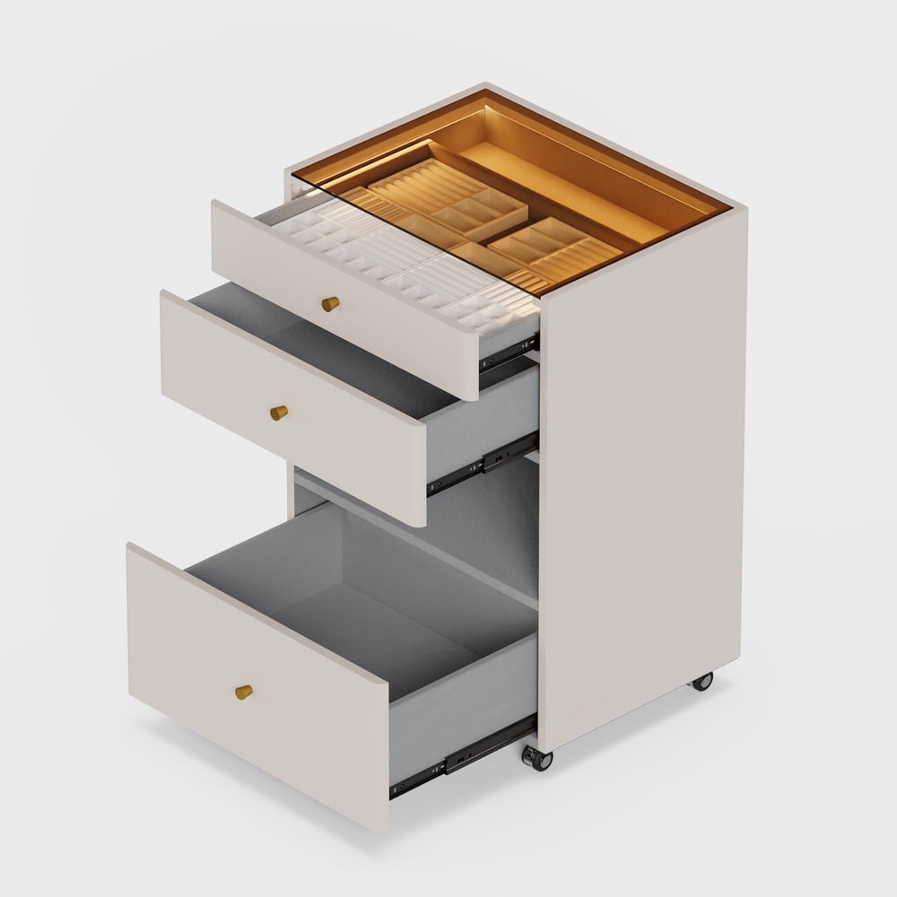 Îlot de dressing pour bijoux avec plateau en verre et éclairage image de fenêtre