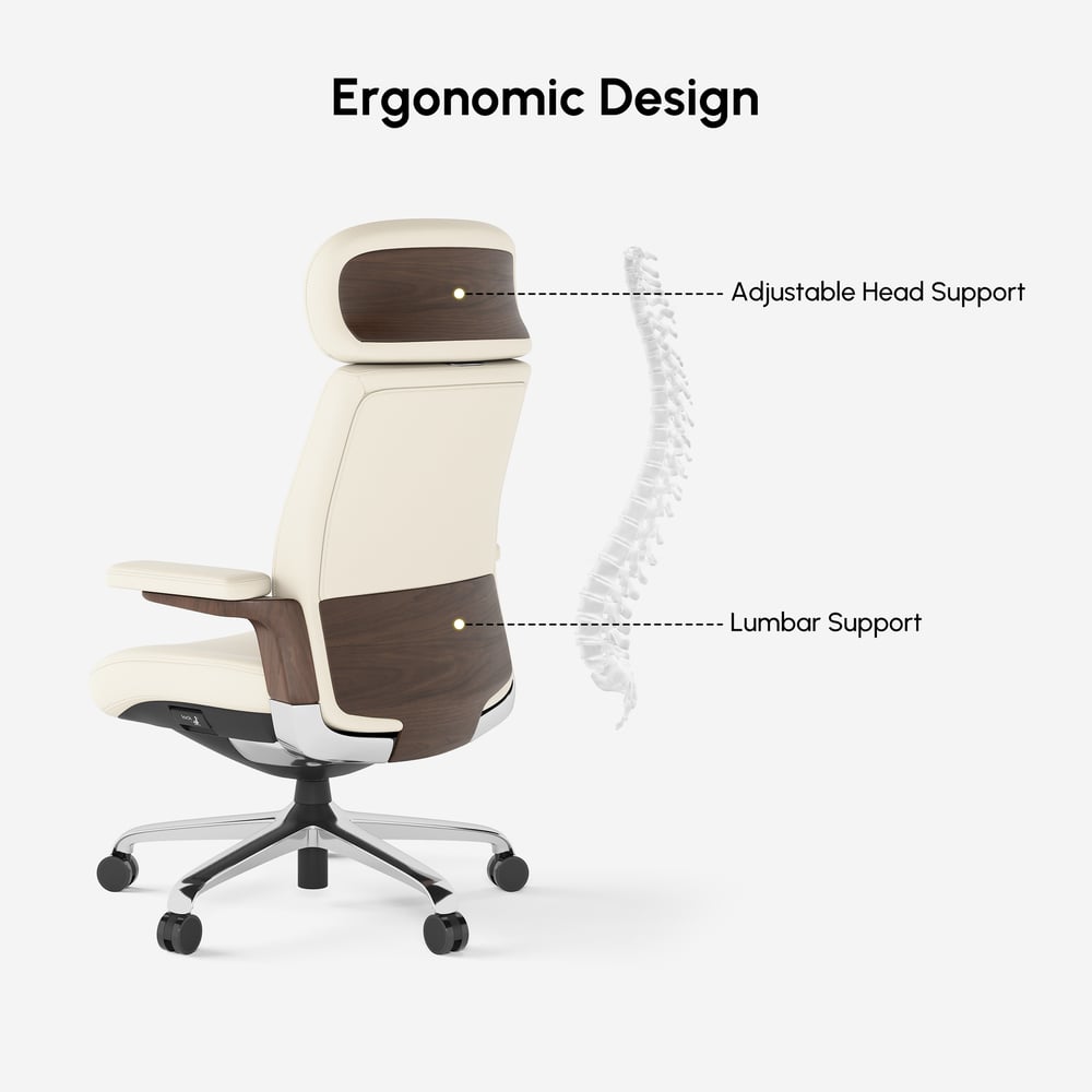 Ivory Genuine Leather Swivel Office Chair with Ergonomic Synchro-Tilt Recline System window image