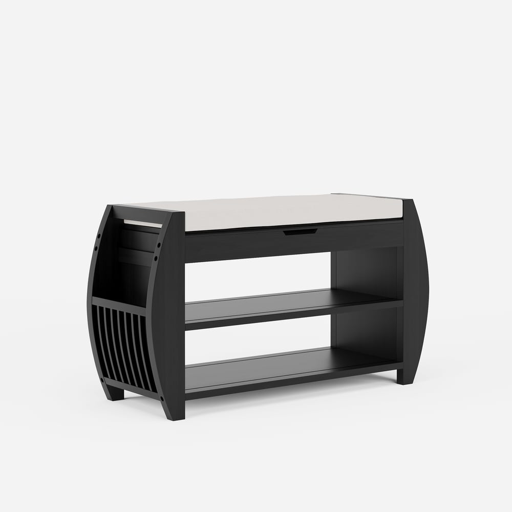 Banc d'entrée de rangement de chaussures noir en bois massif de 81 cm avec étagère à chaussures image de fenêtre