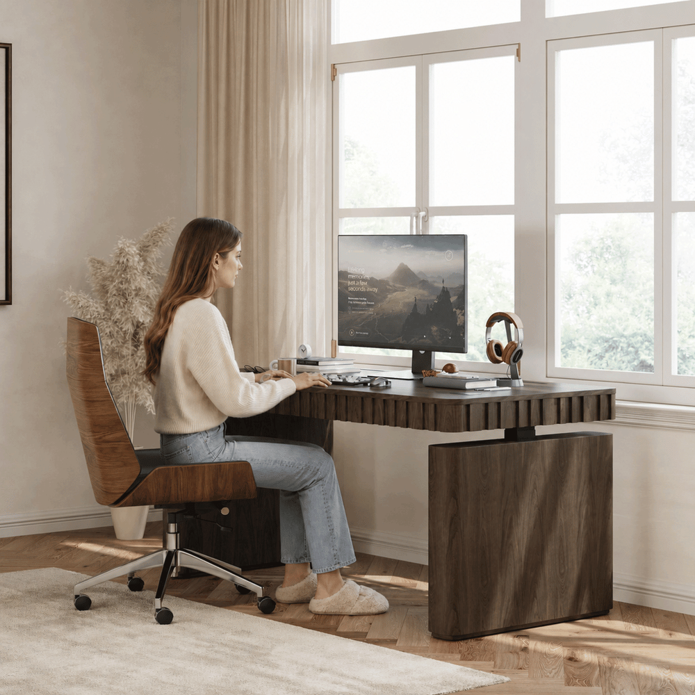Aura 160 cm Smoked Brown Fluted Electric Adjustable Standing Desk window image