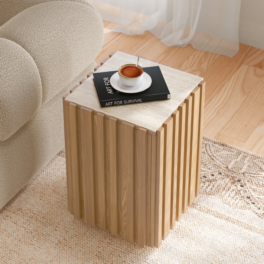Aura Ash Wood Fluted Natural Side Table with Sintered Stone Top window image