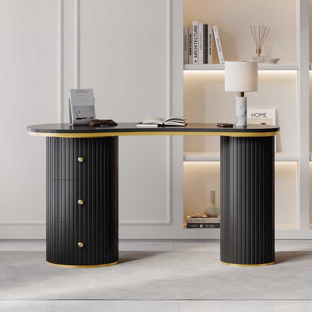 Matte Black Curved Wooden Office Desk & Adjustable Swivel Executive Chair in Black window image