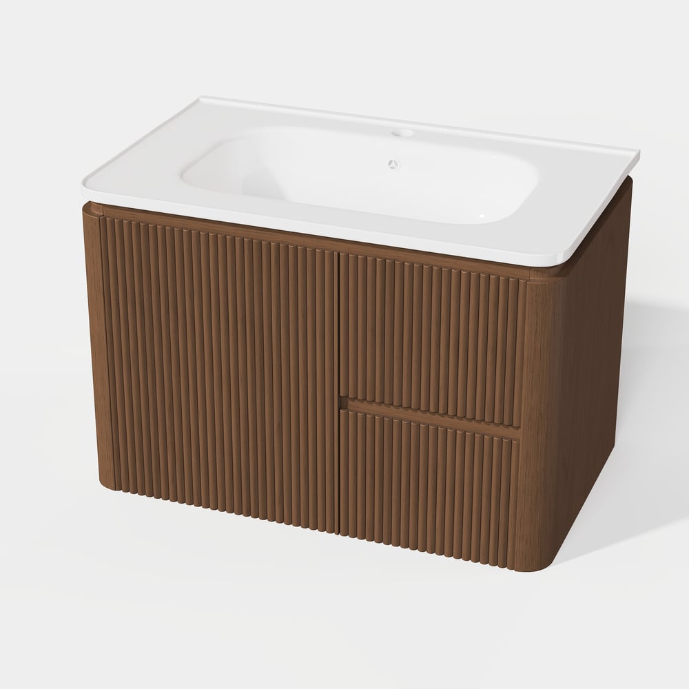 Meuble-lavabo de salle de bain flottant cannelé moderne de 81 cm avec lavabo, éclairage LED doux et grand espace de rangement image de fenêtre