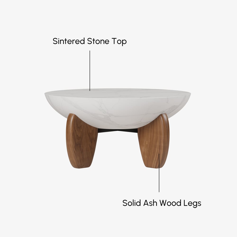 Curva 37" Round Concrete Walnut Coffee Table with Wood Legs window image