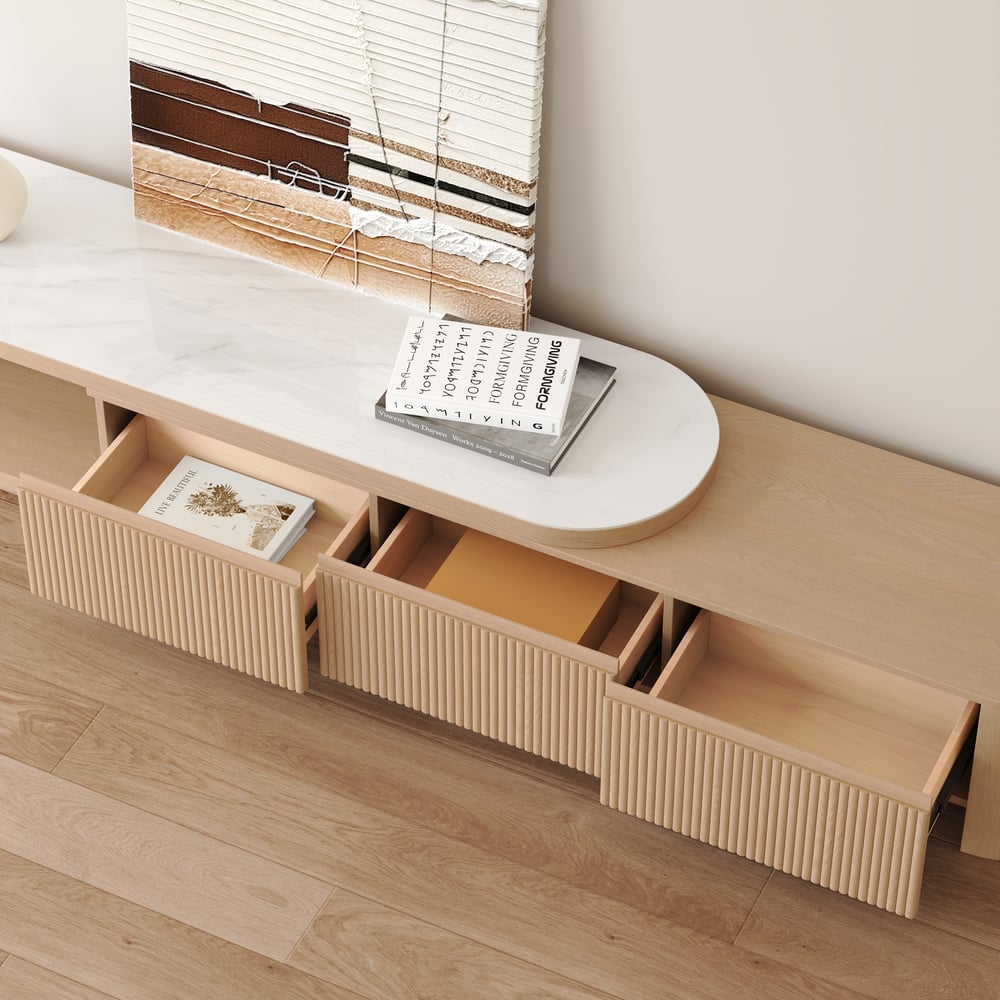 Velar 71"-114" Extendable Fluted TV Stand with Sintered Stone Top & 3 Drawers window image