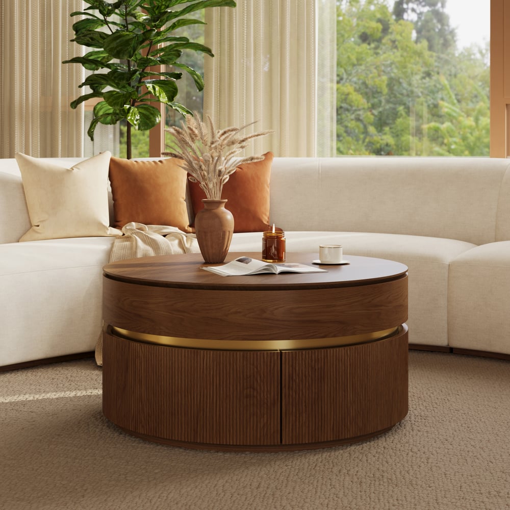 Table basse ronde en noyer à plateau relevable cannelé de 32 pouces avec 2 tiroirs image de fenêtre