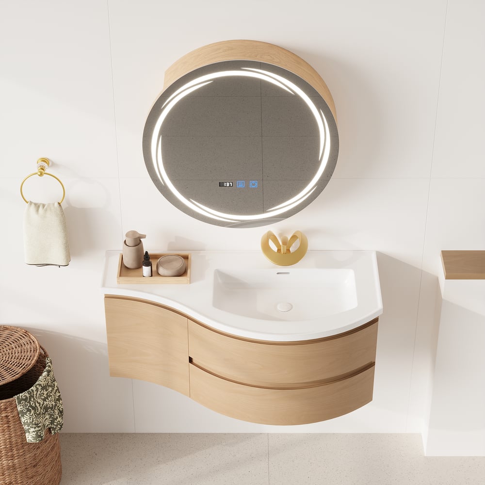 Floating Curved Bathroom Vanity & LED Medicine Cabinet Set window image
