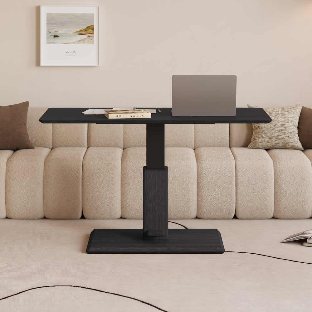 Table basse moderne de 119 cm en placage de bois noir, réglable en hauteur avec commande au pied image de fenêtre