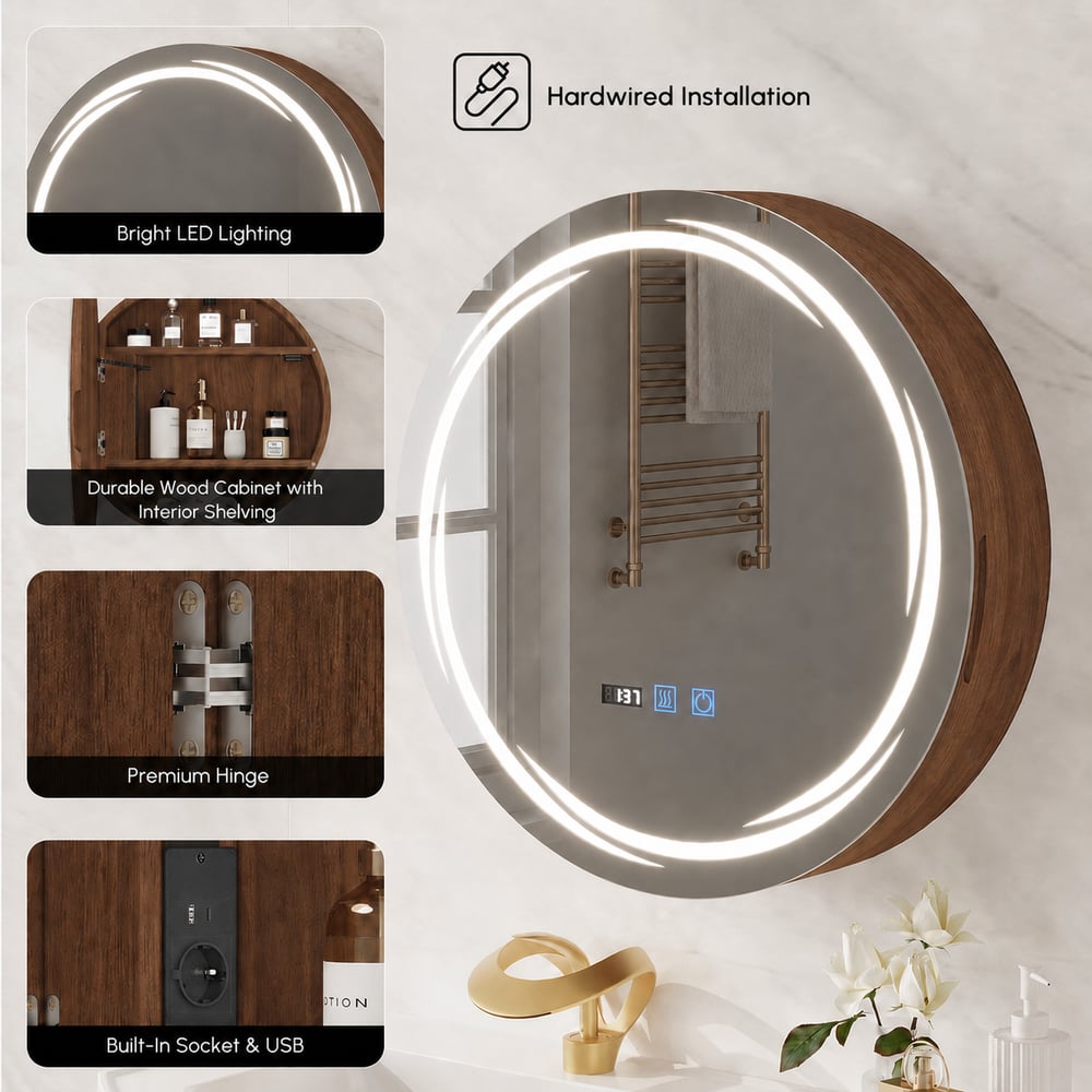 Armoire à pharmacie LED ronde de 60 cm avec rangement, antibuée, dimmable — Noyer image de fenêtre