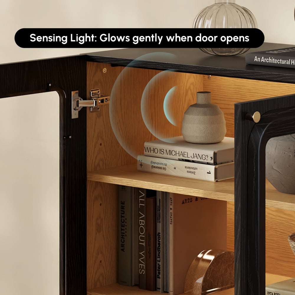 31" Ash Wood Veneer TV Stand with Glass Doors, Chest Cabinet and LED window image
