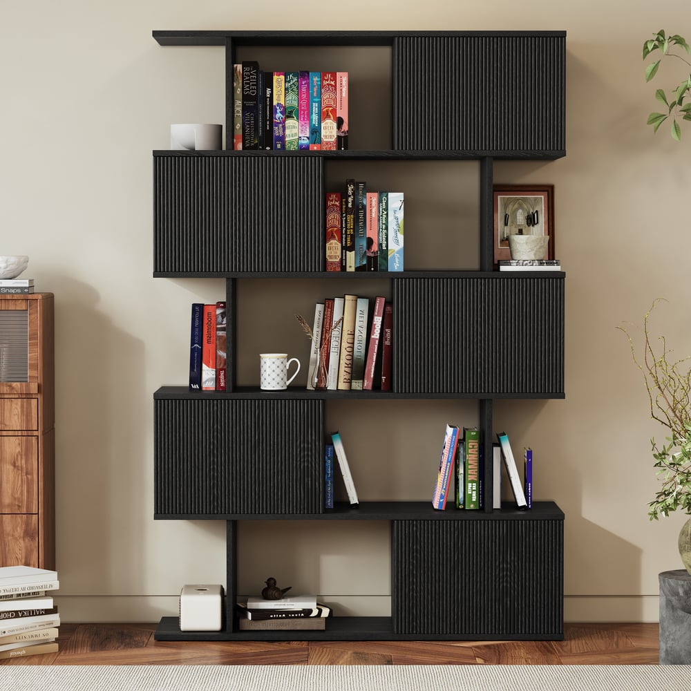 72.8" Black Sliding Door Etagere Bookshelf 5-Shelf Tall Book Shelf Rich Storage window image