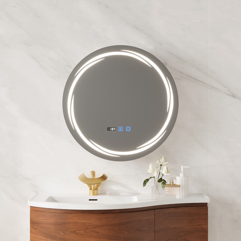 24" Round LED Walnut Medicine Cabinet with Storage, Anti-Fog, Dimmable window image