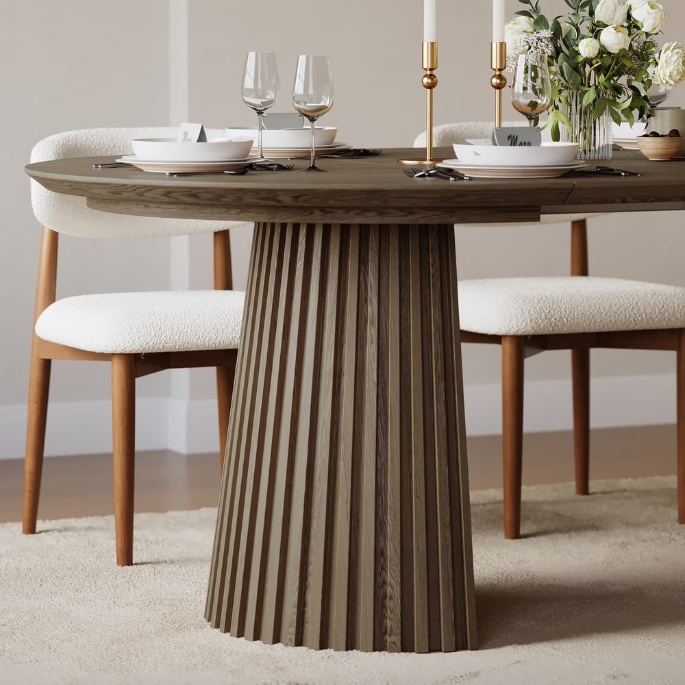 Modern 47"-79" Extendable Smoky Brown Wood Dining Table with Fluted Base, Seats 4-6 window image