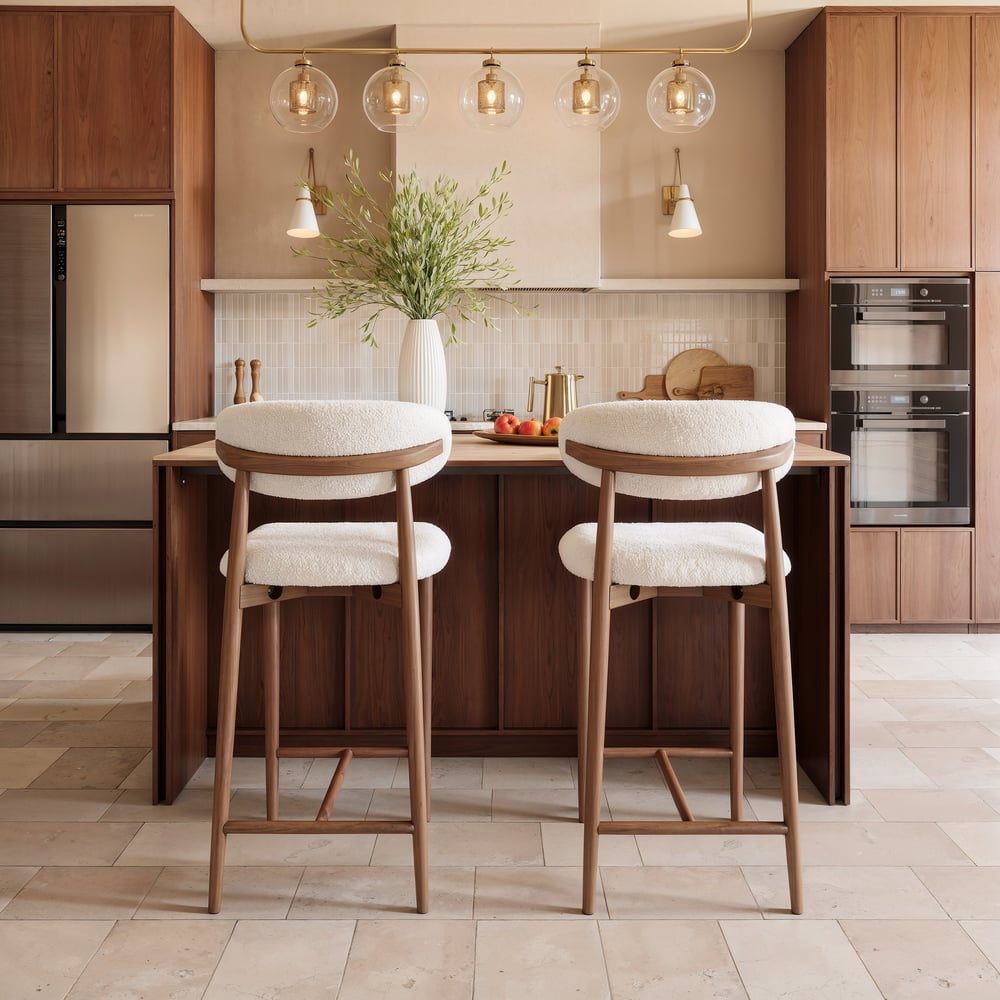 Modern Walnut Boucle Bar Stool with Wooden Legs, 1 Piece window image